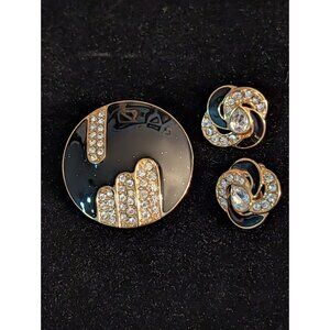 Gold-Tone Black & Rhinestone Brooch Clip-On Earrings Vintage Monet Jewelry